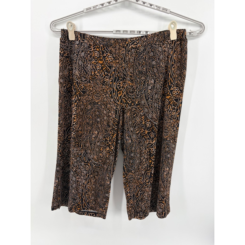 Susan Graver Womens 2X Black Tan Paisley Liquid Knit Crop Pants Elastic Waist